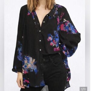 Free People Meadowlark Button Up Womens S Black Floral Boho Oversized Artsy